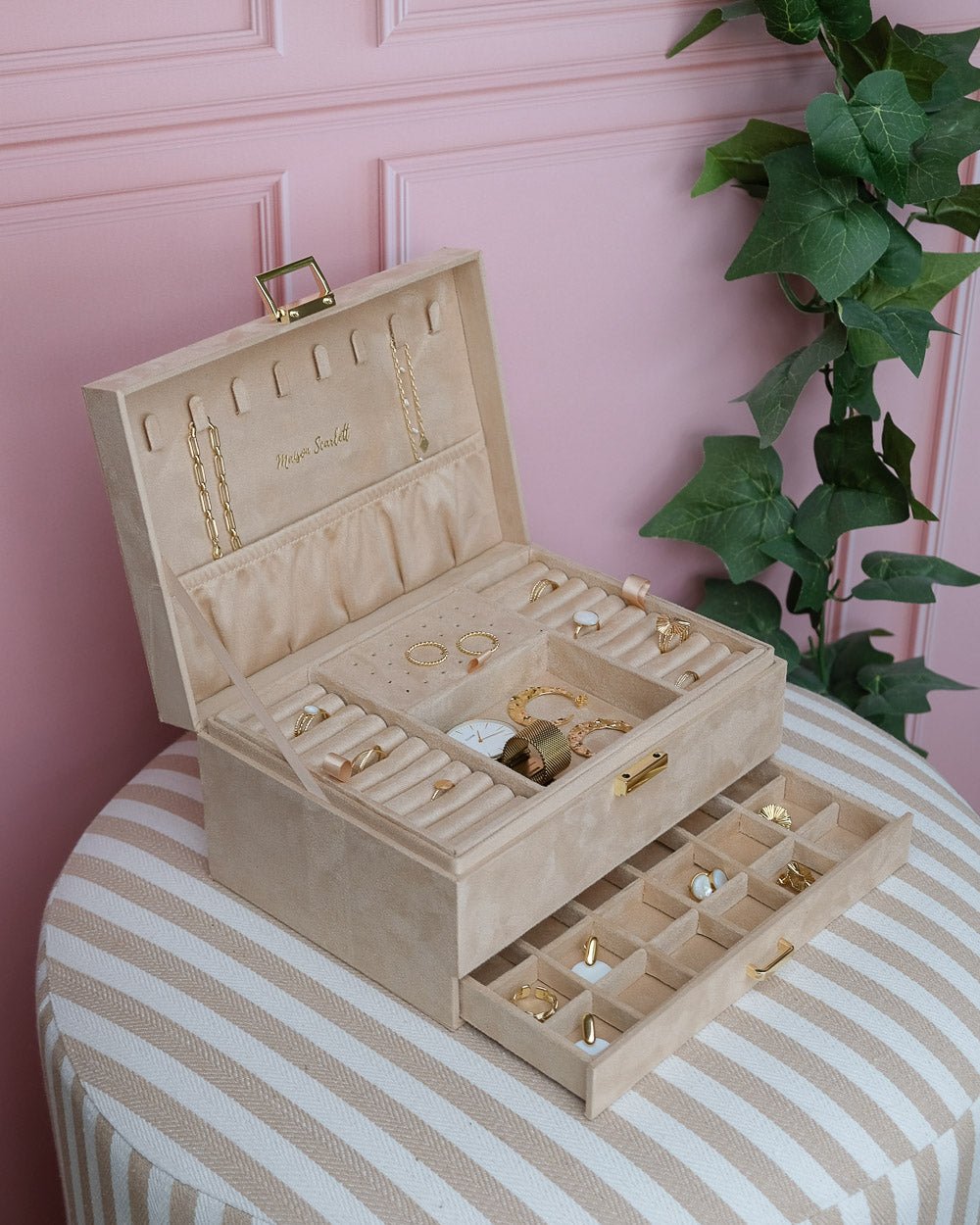 grande boite à bijoux beige avec tiroir en velours Denise de Maison Scarlett #Color_beige